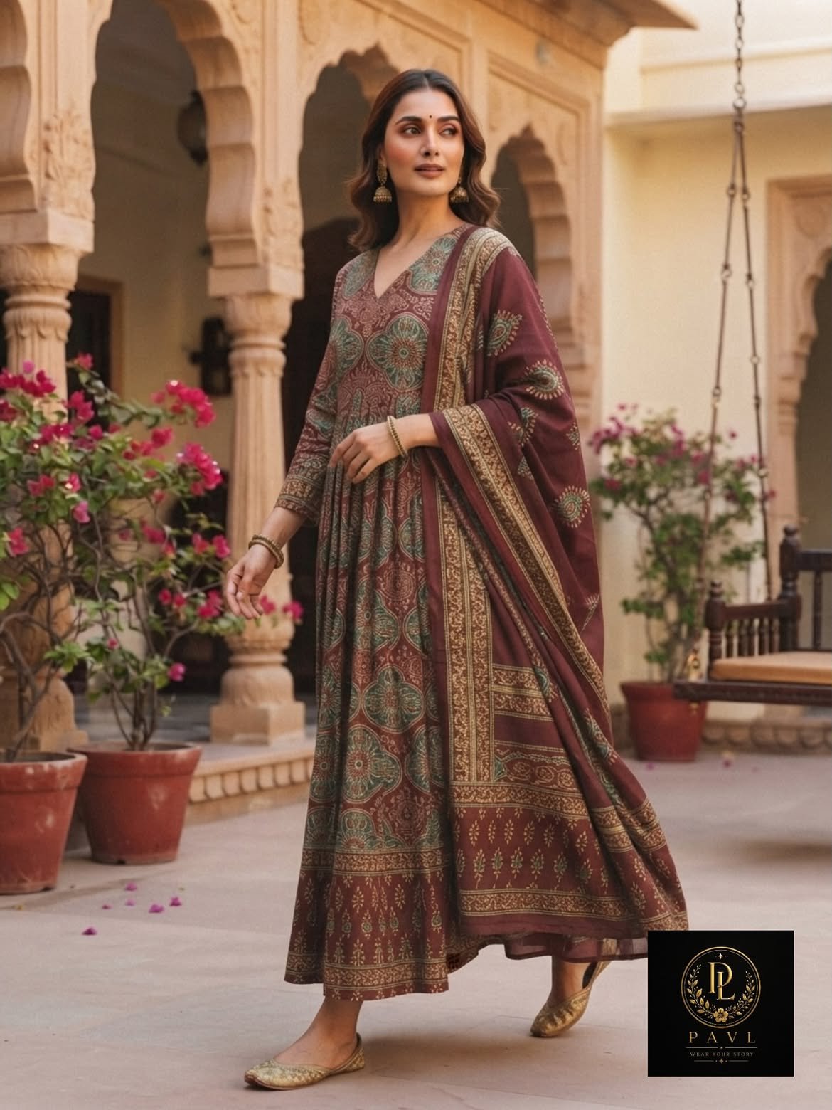 “Rich cotton Anarkali with traditional floral print in maroon, paired with a matching dupatta.” (2)